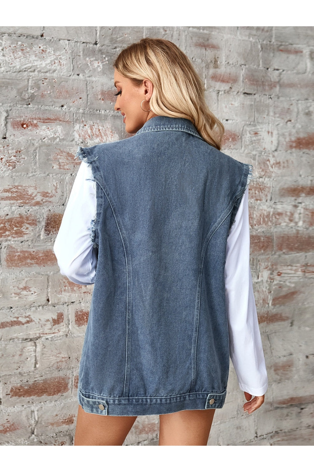 Raw Hem Sleeveless Button Up Denim Jacket - Denim Jackets - FITGGINS