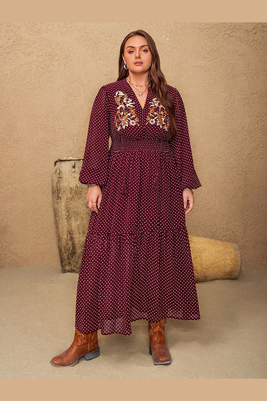 Plus Size Embroidered Polka Dot Tie Neck Long Sleeve Midi Dress - Casual & Maxi Dresses - FITGGINS