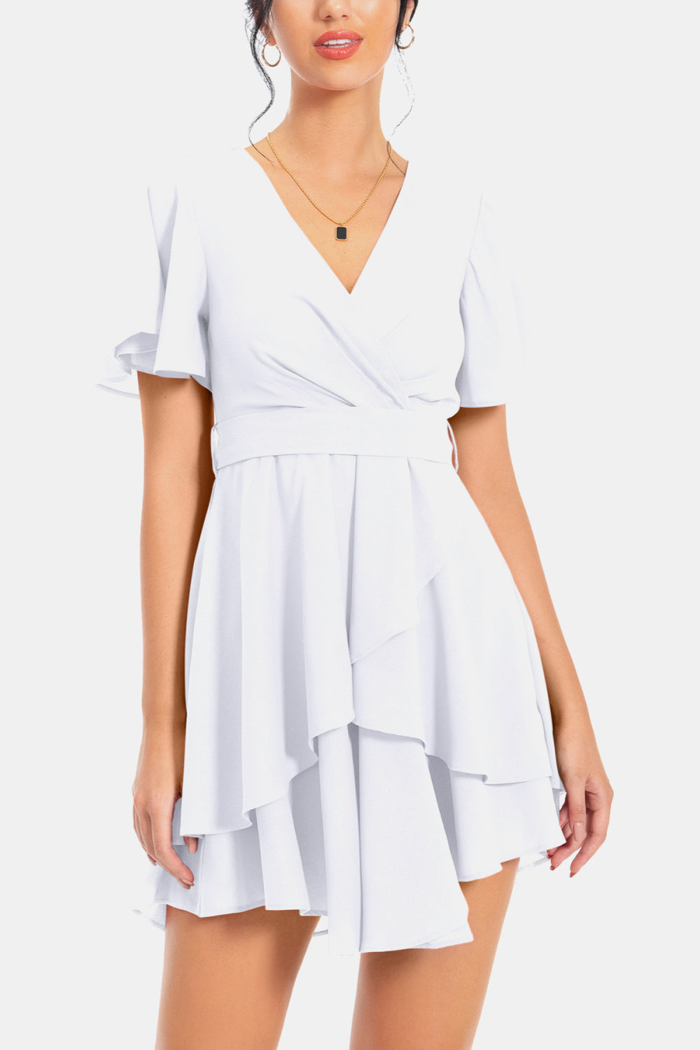 Surplice Neck Flutter Sleeve Dress - Casual & Maxi Dresses - FITGGINS