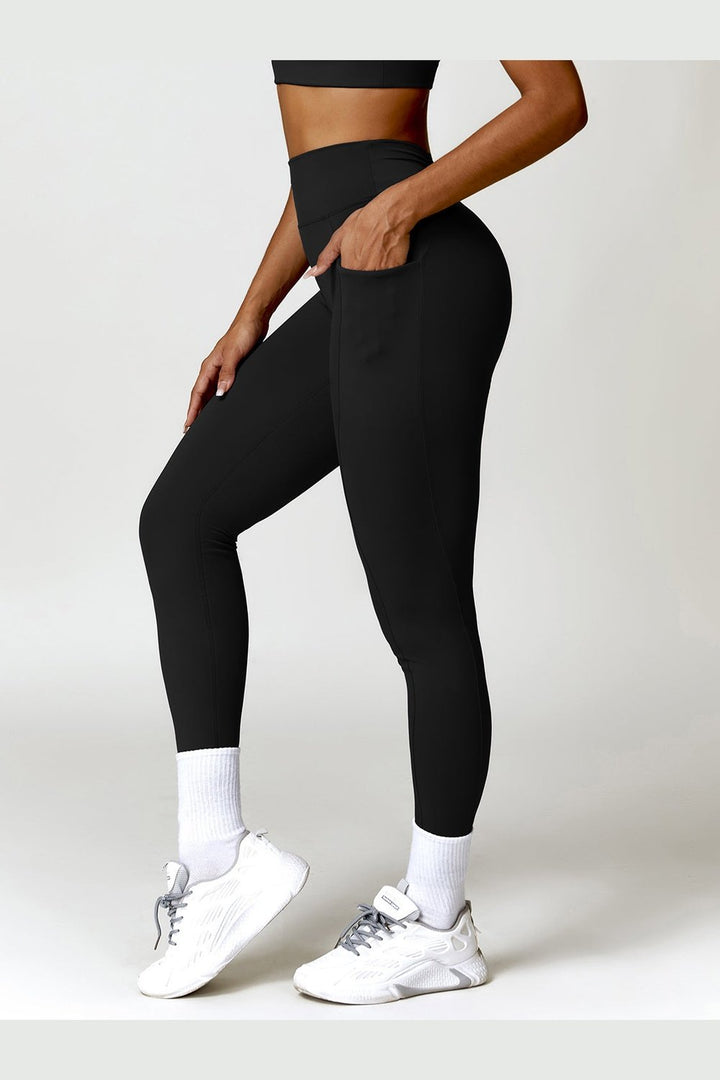 Ruched Pocketed High Waist Active Leggings - Leggings - FITGGINS