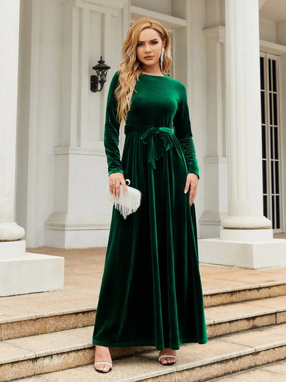 Tie Front Round Neck Long Sleeve Maxi Dress Fitggins