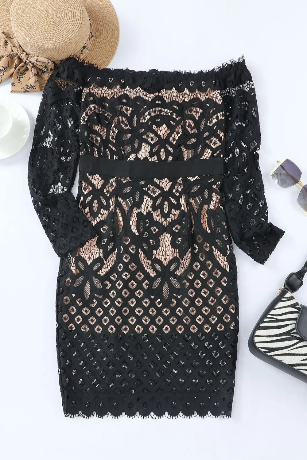 Off-Shoulder Long Sleeve Lace Dress Fitggins