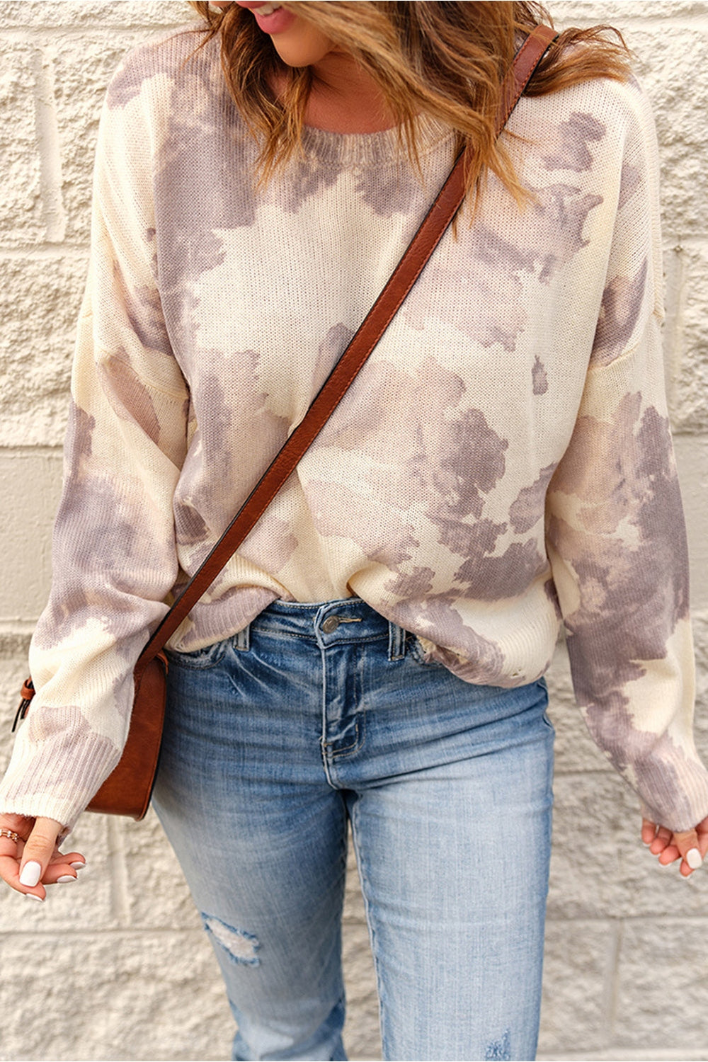 Tie-Dye Distressed Round Neck Sweater - Pullover Sweaters - FITGGINS