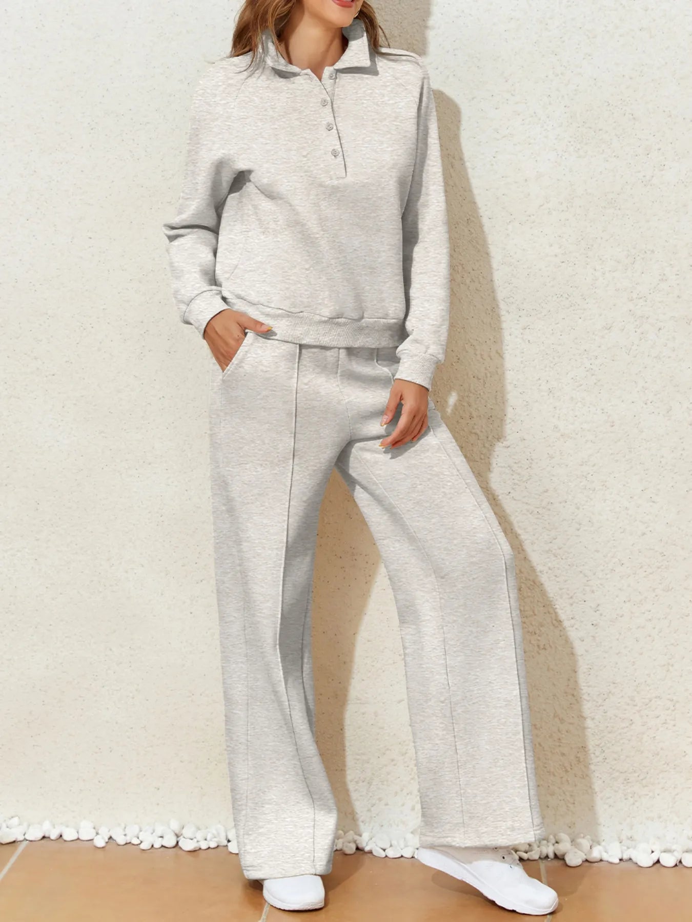 Collared Sweatshirt and High Waist Pants Active Set Fitggins