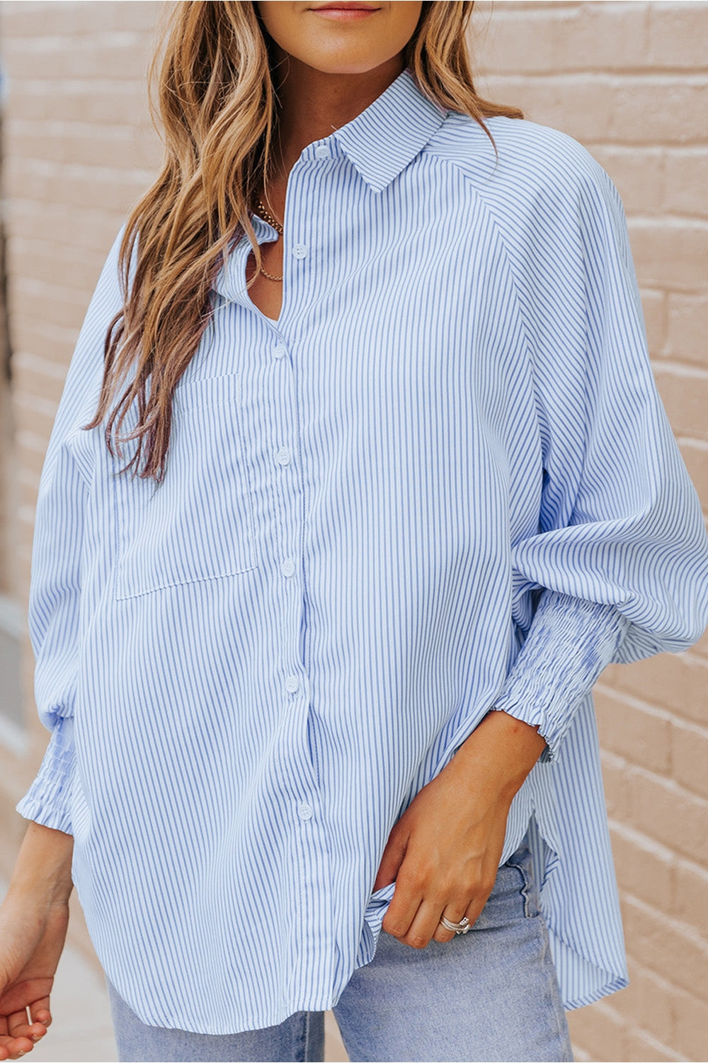 Striped Lantern Sleeve Collared Shirt - Shirts - FITGGINS