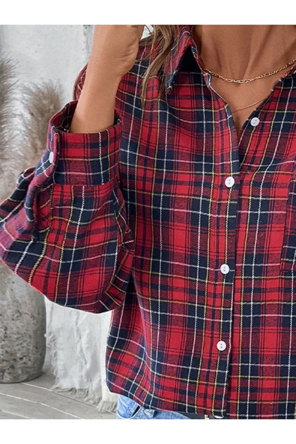 Perfee Plaid Button Up Long Sleeve Shirt - Shirts - FITGGINS