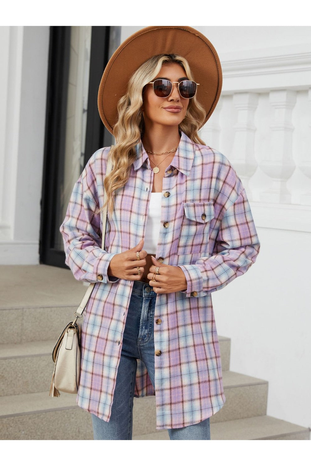 Plaid Collared Neck Long Sleeve Shirt - Shirts - FITGGINS