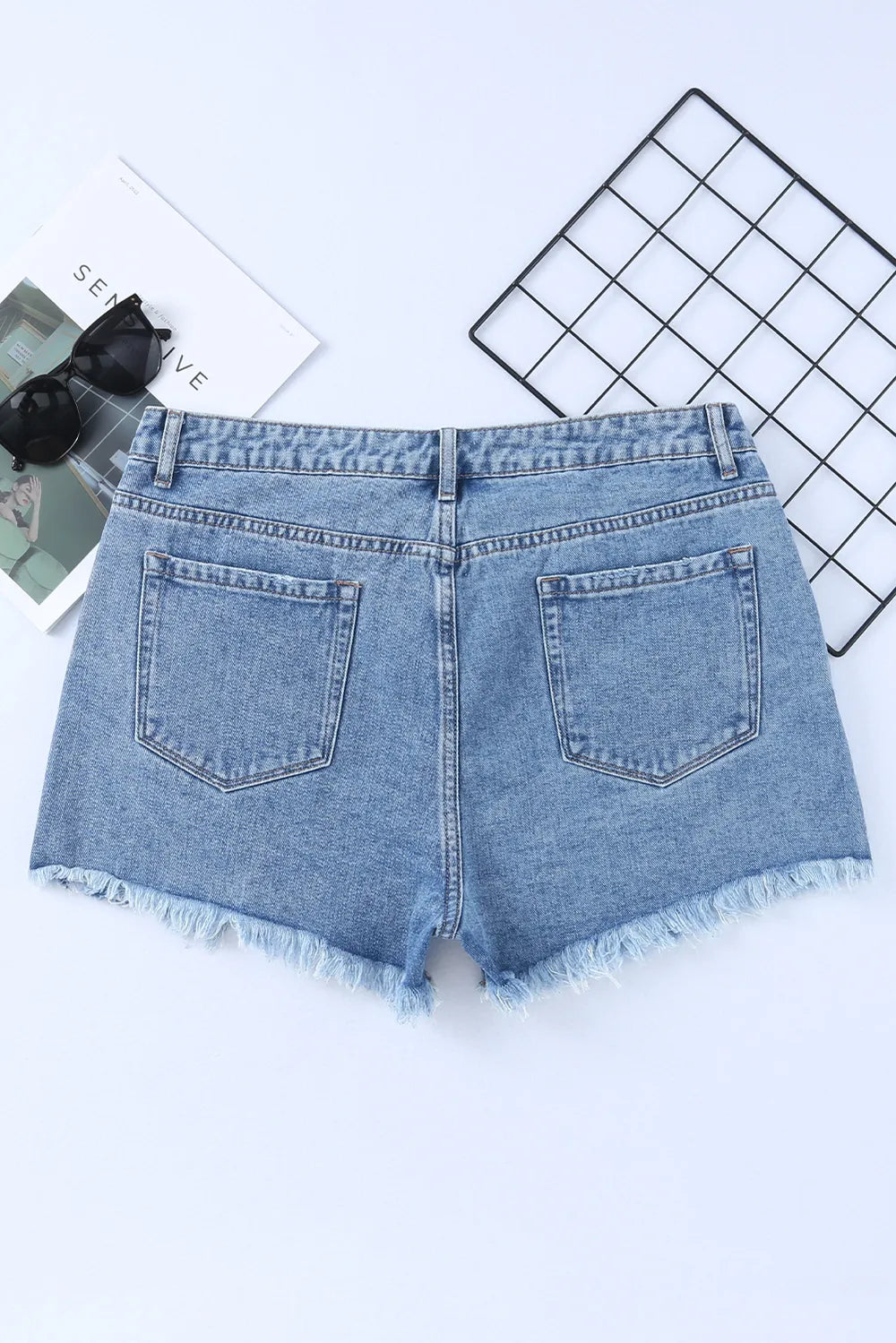 High Rise Crossover Waist Denim Shorts Fitggins
