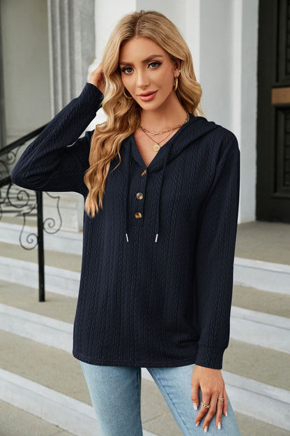 Cable-Knit Long Sleeve Hoodie Dark Navy Fitggins