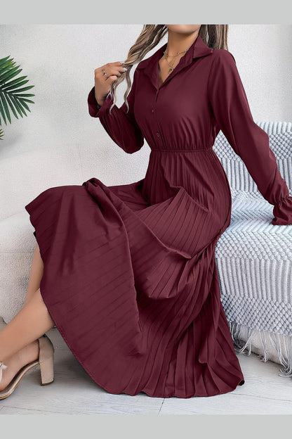 Pleated Half Button Long Sleeve Midi Dress - Casual & Maxi Dresses - FITGGINS