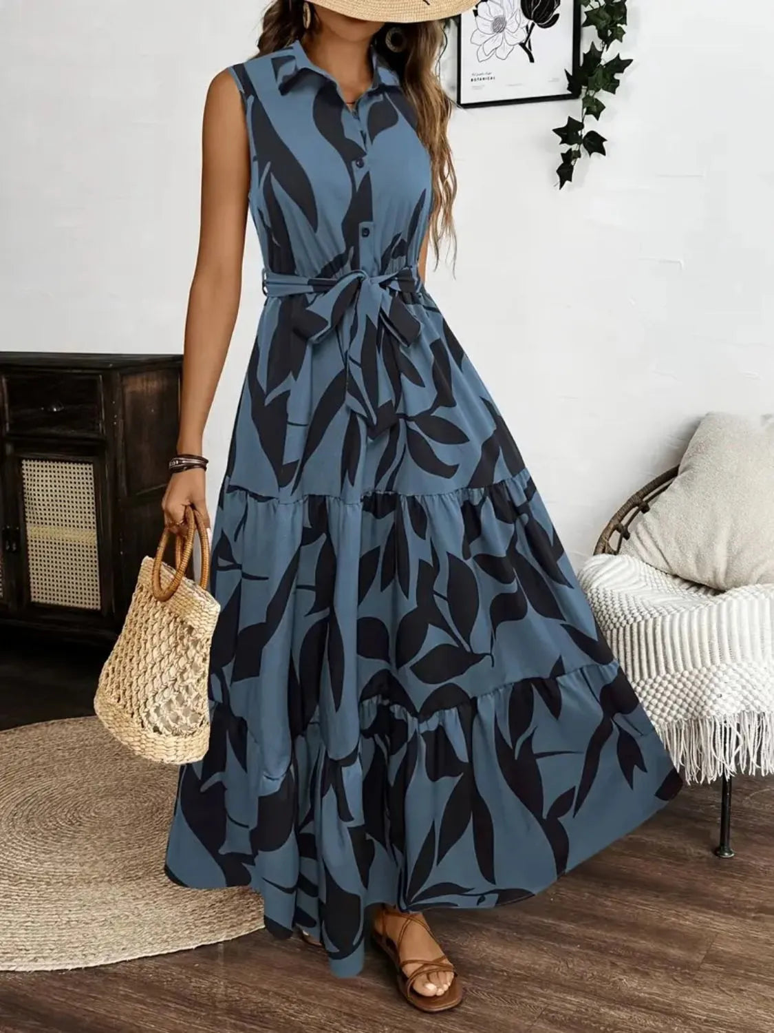 Printed Tie Waist Sleeveless Maxi Dress Fitggins
