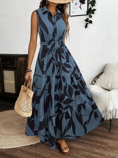 Printed Tie Waist Sleeveless Maxi Dress Fitggins