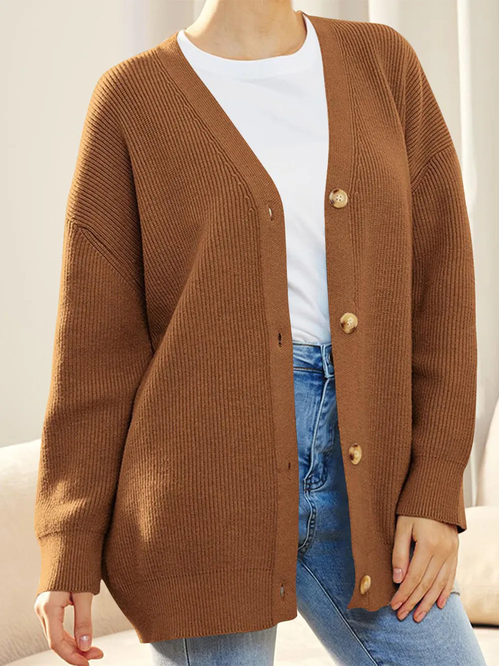 Button Down V-Neck Long Sleeve Cardigan Ochre Fitggins