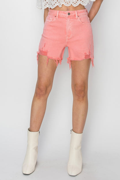 RISEN High Rise Distressed Denim Shorts - Denim Shorts - FITGGINS