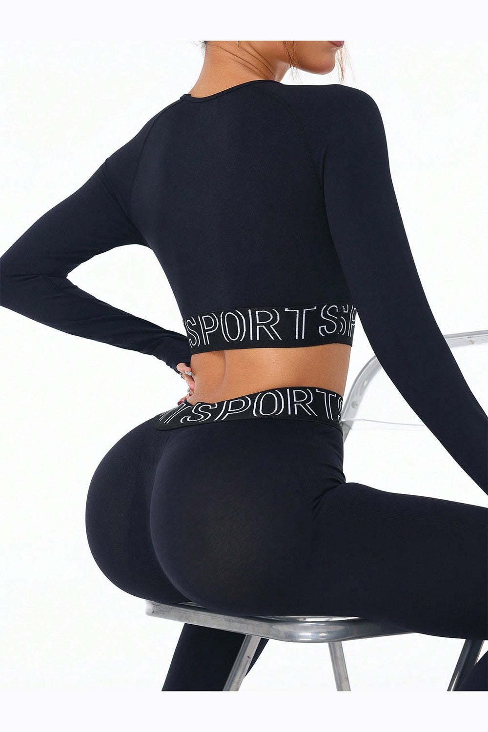 Letter Print Round Neck Long Sleeve Top and Leggings Active Set - Active Set - FITGGINS