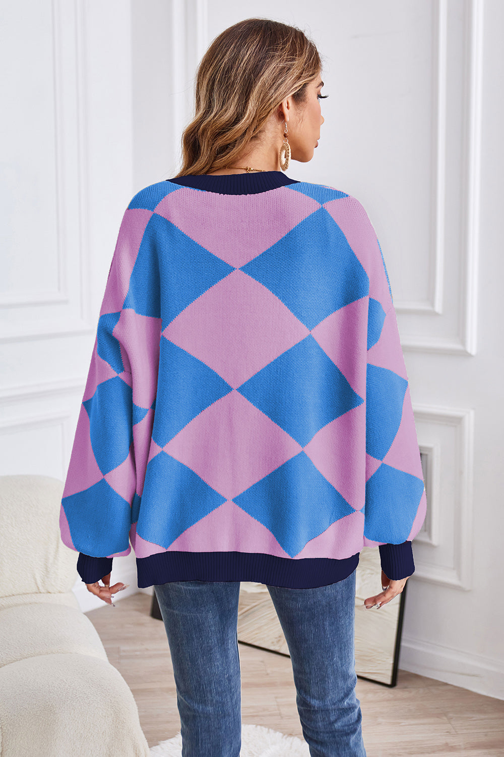 Geometric Lantern Sleeve Cardigan with Pockets Fitggins