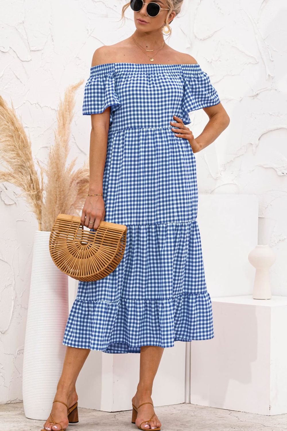 Plaid Off-Shoulder Tiered Midi Dress - Casual & Maxi Dresses - FITGGINS