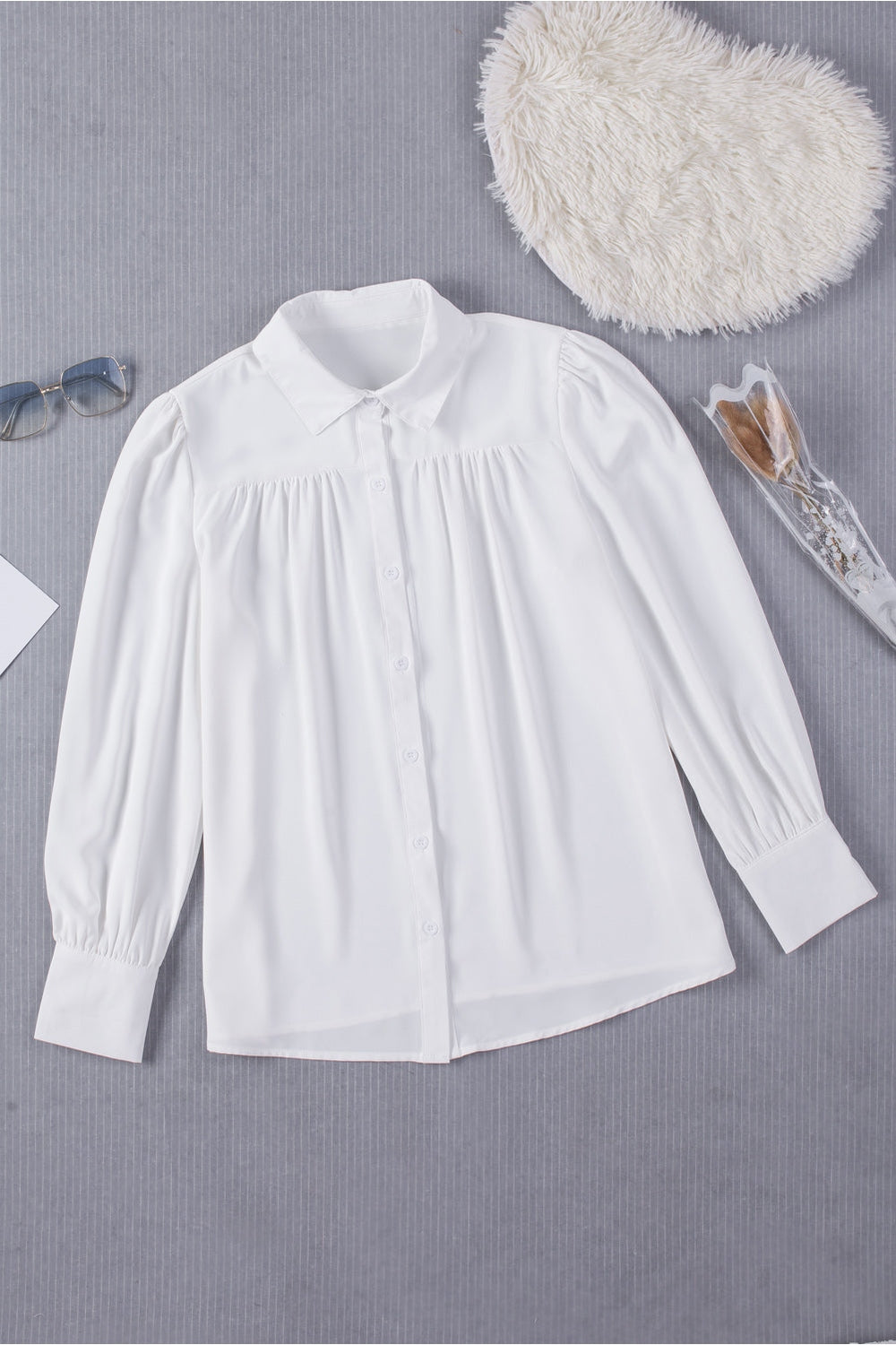 Gathered Detail Puff Sleeve Shirt - Shirts - FITGGINS