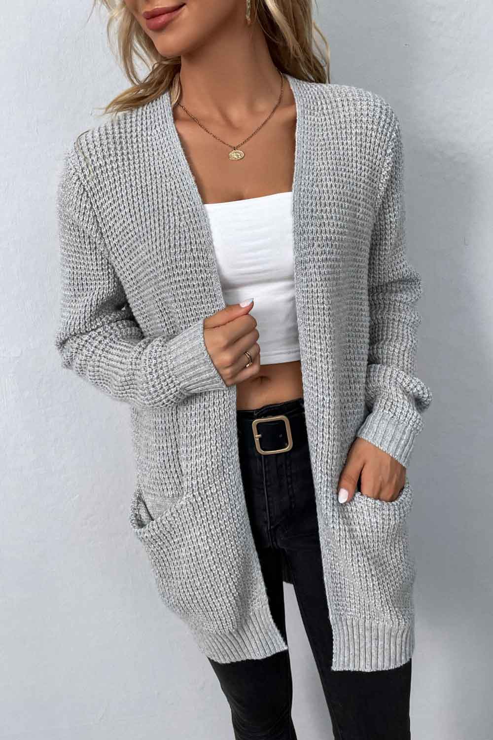 Rib-Knit Open Front Pocketed Cardigan Fitggins