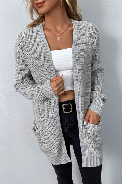 Rib-Knit Open Front Pocketed Cardigan Fitggins