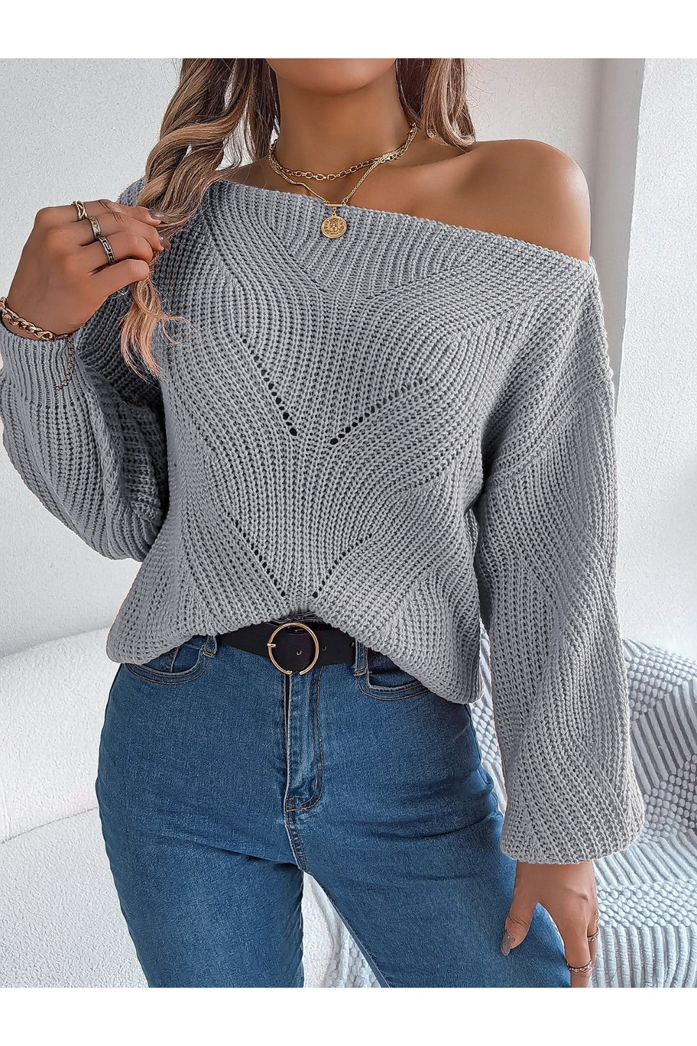 Openwork Long Sleeve Sweater - Pullover Sweaters - FITGGINS