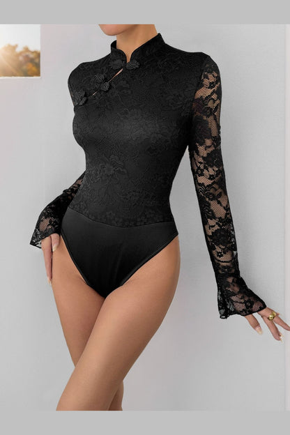 Perfee Lace Mock Neck Long Sleeve Bodysuit - Bodysuit - FITGGINS