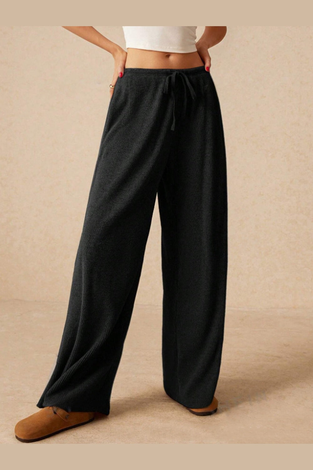 Ribbed Drawstring Wide Leg Pants - Pants - FITGGINS