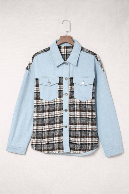 Plaid Pocketed Button Up Denim Jacket - Denim Jackets - FITGGINS