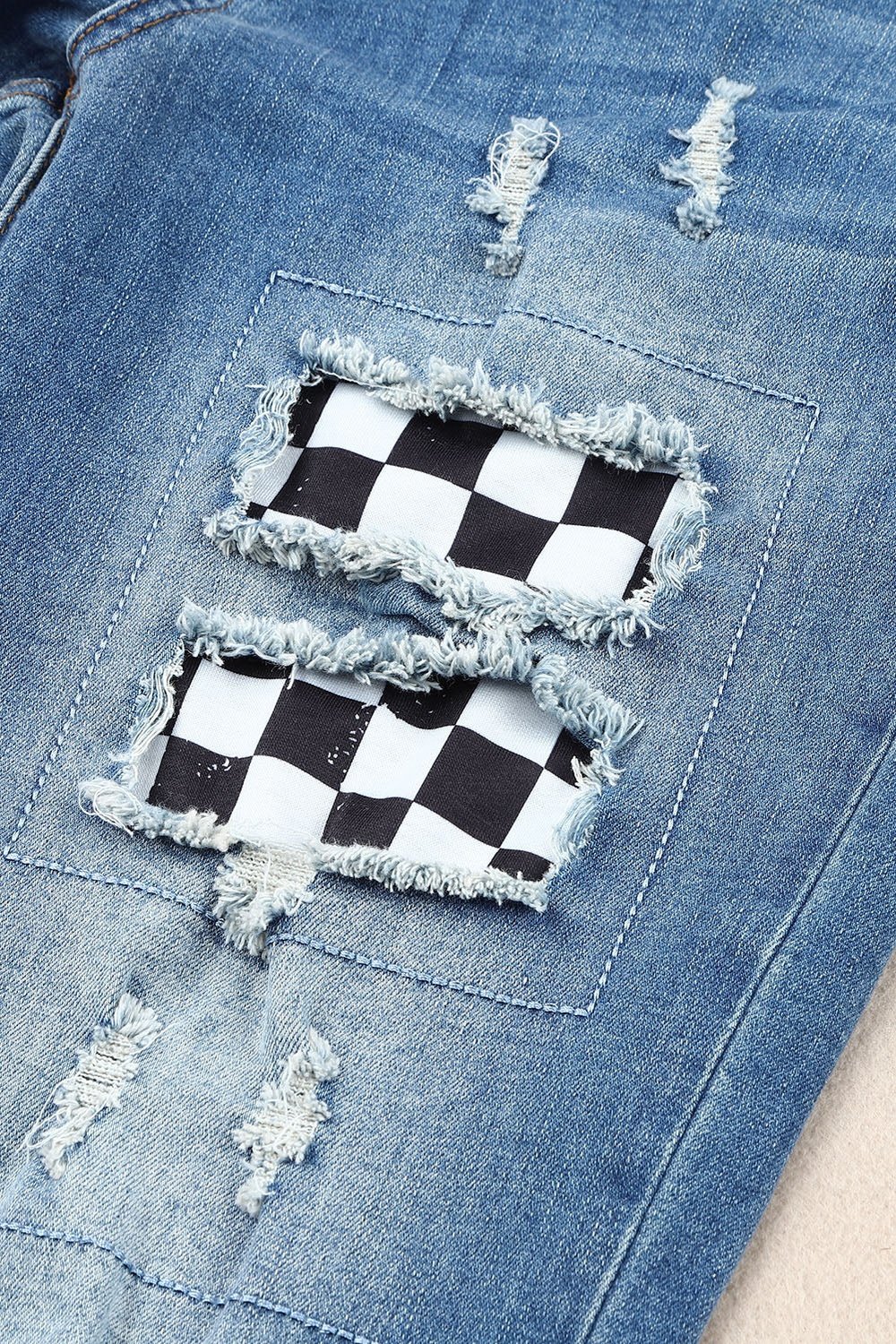 Baeful Checkered Patchwork Mid Waist Distressed Jeans - Jeans - FITGGINS