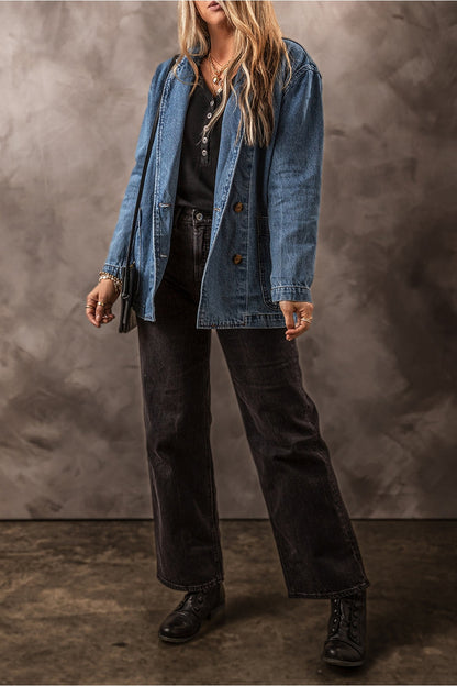 Pocketed Long Sleeve Denim Jacket - Denim Jackets - FITGGINS