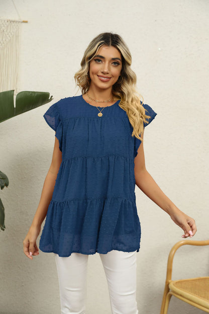 Swiss Dot Round Neck Tiered Blouse Peacock Blue Fitggins