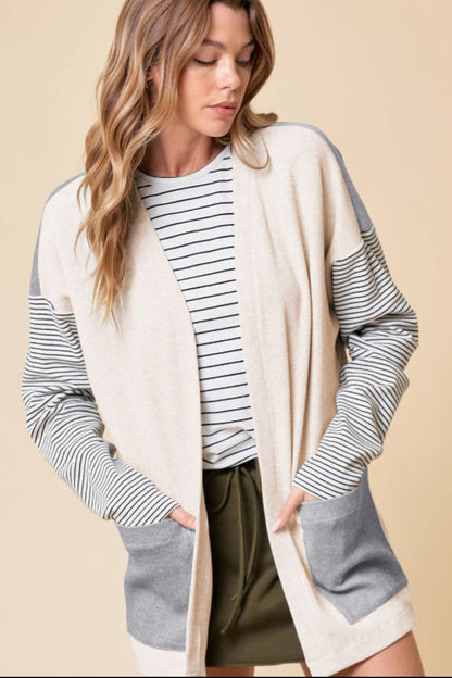 Open Front Long Sleeve Striped Cardigan with Pockets - Cardigans - FITGGINS