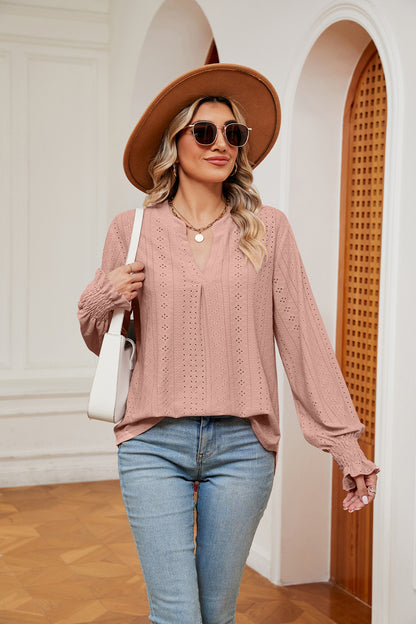 Notched Neck Flounce Sleeve Blouse Light Mauve Fitggins