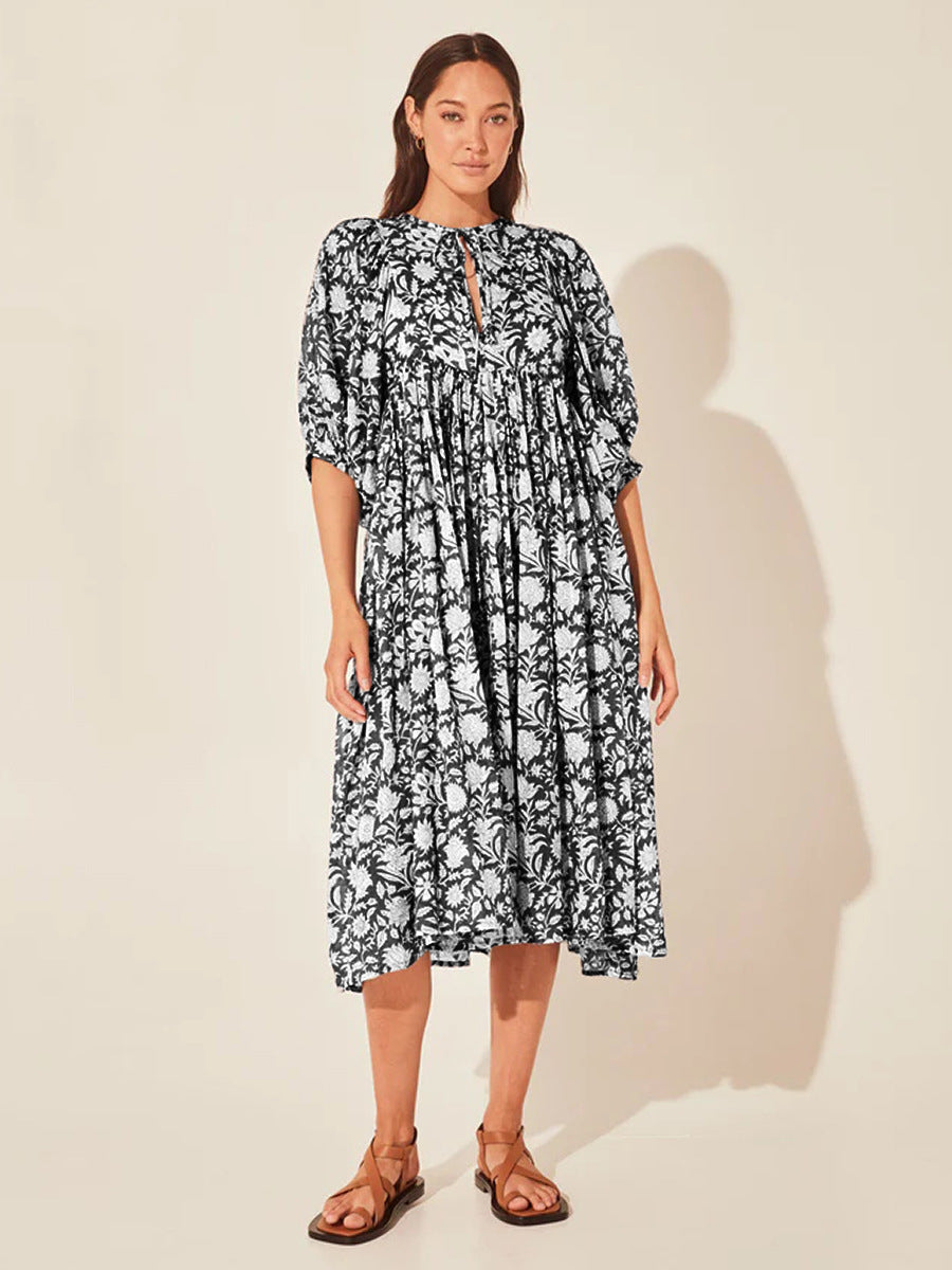 Floral Tie Neck Lantern Sleeve Dress Black Fitggins