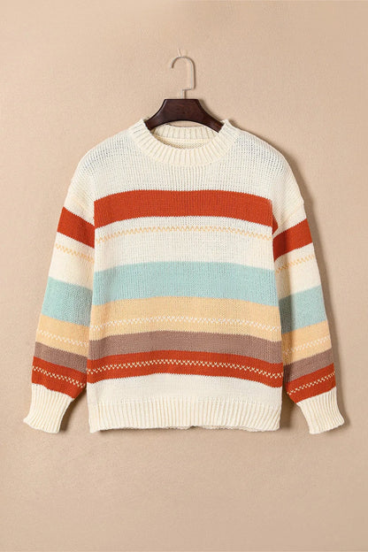 Striped Dropped Shoulder Crewneck Sweater - Pullover Sweaters - FITGGINS