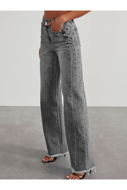 Raw Hem Wide Leg Jeans with Pockets - Jeans - FITGGINS