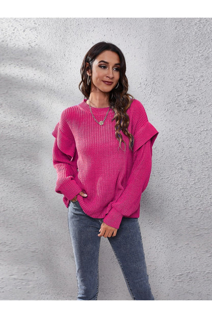 Ruffled Round Neck Dropped Shoulder Sweater - Pullover Sweaters - FITGGINS