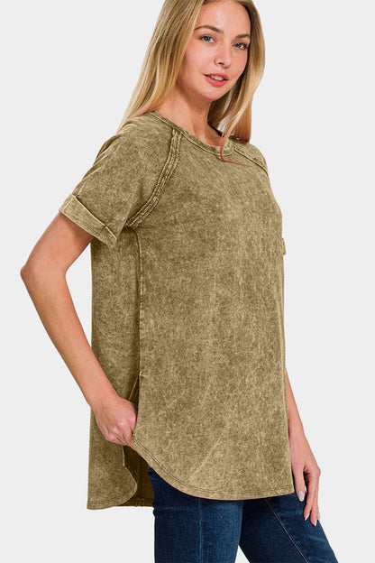 Zenana Heathered Round Neck Short Sleeve Top - Shirts - FITGGINS