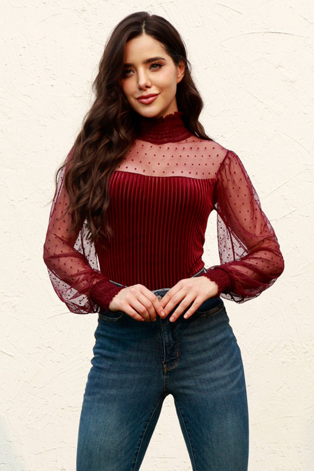 Mesh Long Sleeve Velvet Bodysuit - Bodysuits - FITGGINS