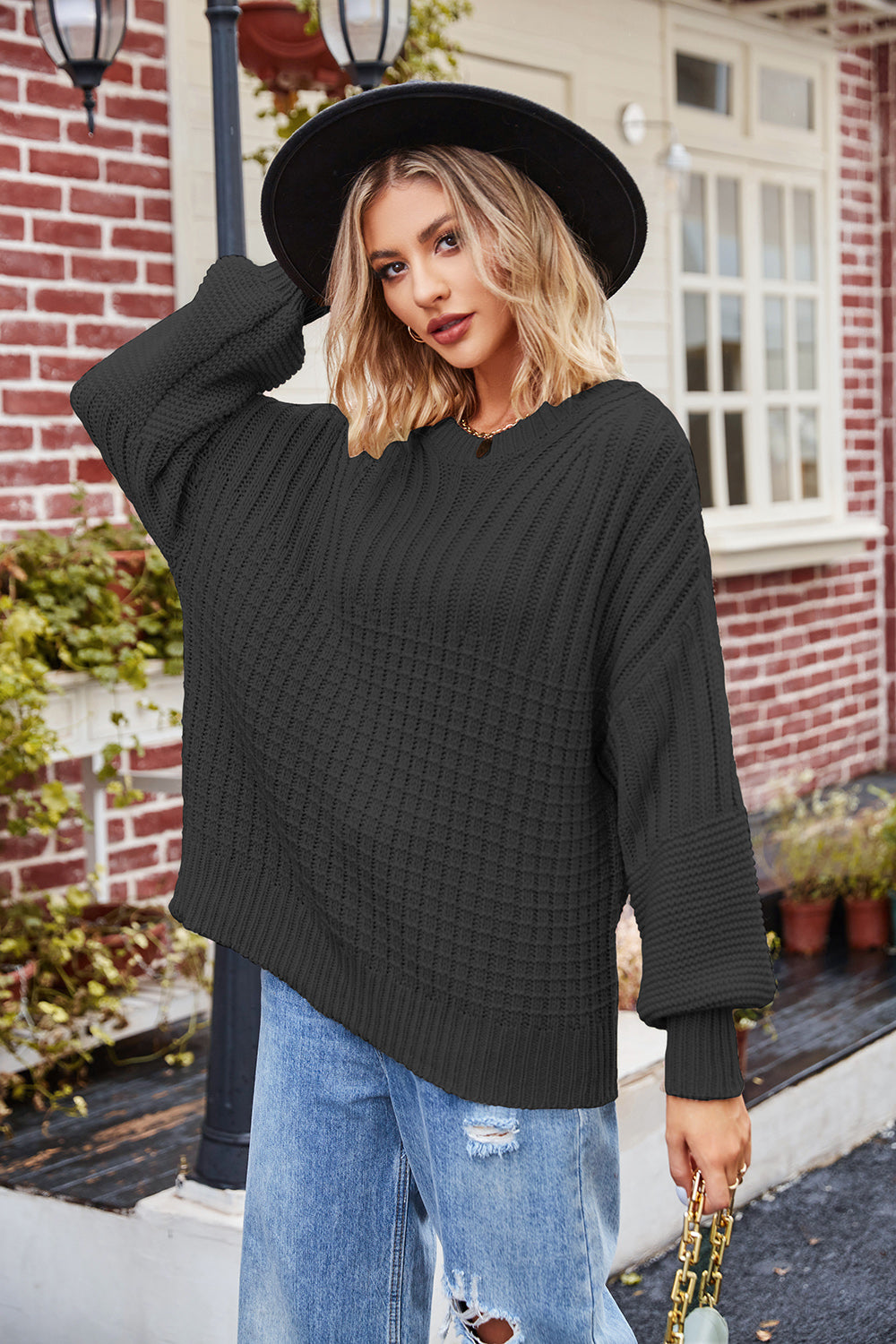 Ribbed Drop Shoulder Lantern Sleeve Sweater - Pullover Sweaters - FITGGINS