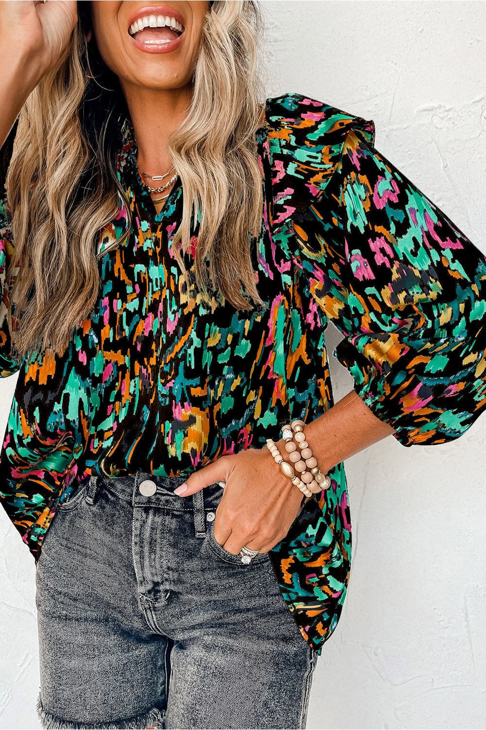 Printed Nochted Neck Ruffled Blouse - Blouses - FITGGINS