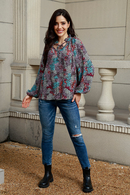 Tie Neck Heathered Balloon Sleeve Blouse Multicolor Fitggins