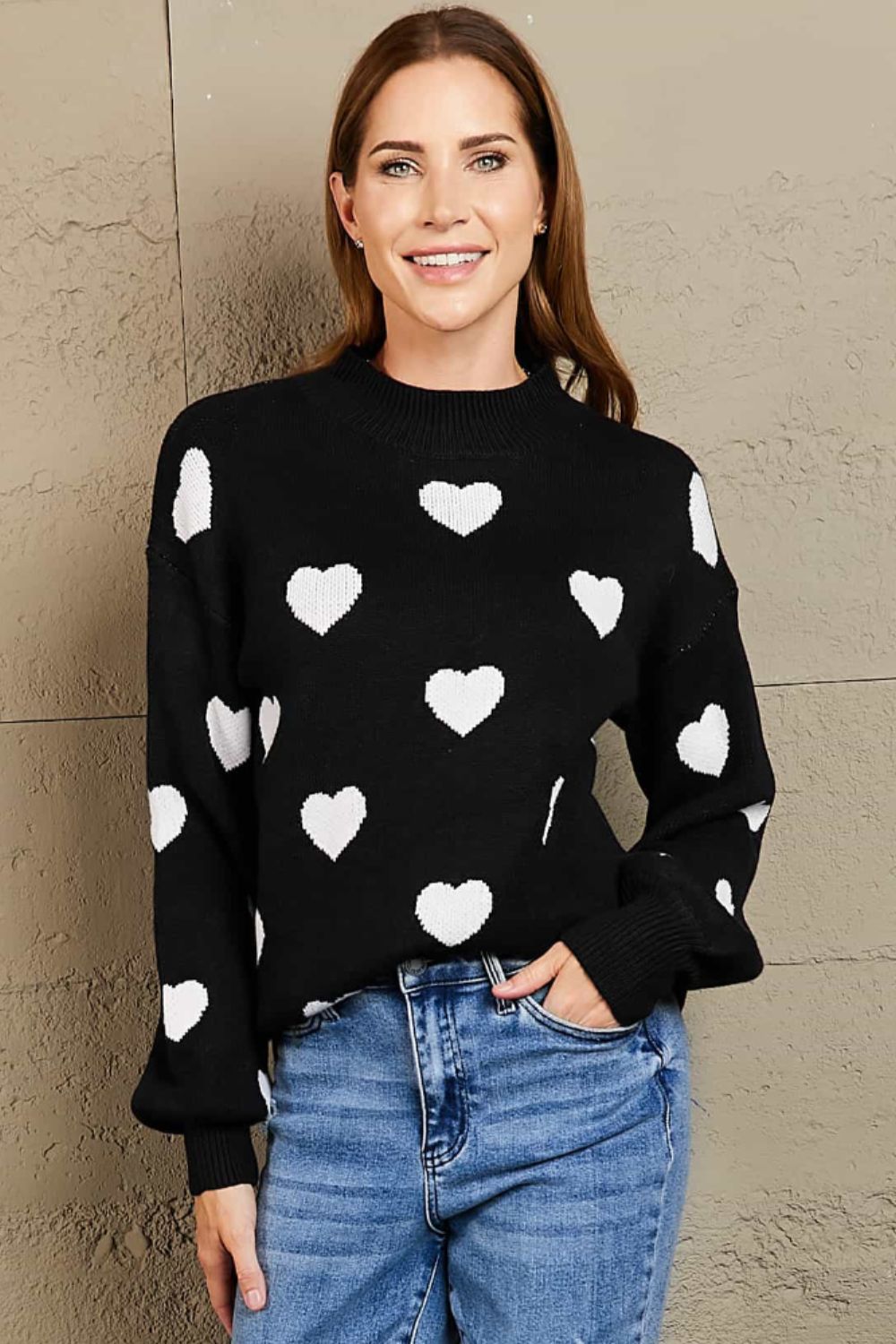 Woven Right Heart Pattern Lantern Sleeve Round Neck Tunic Sweater - Pullover Sweaters - FITGGINS