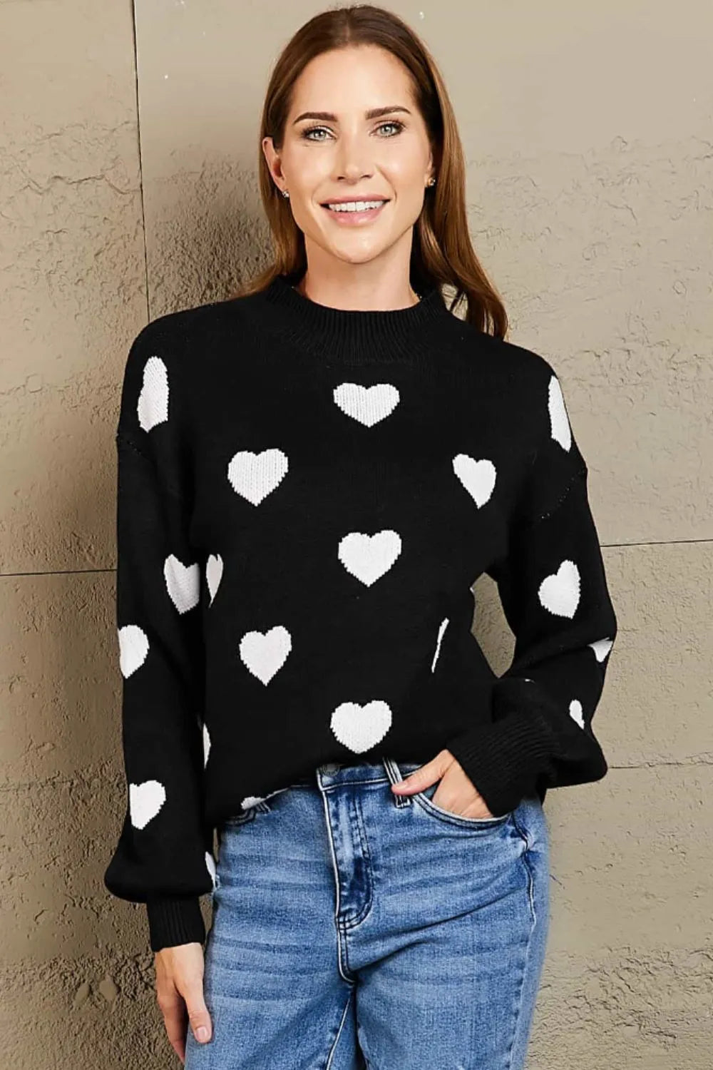 Woven Right Heart Pattern Lantern Sleeve Round Neck Tunic Sweater Fitggins