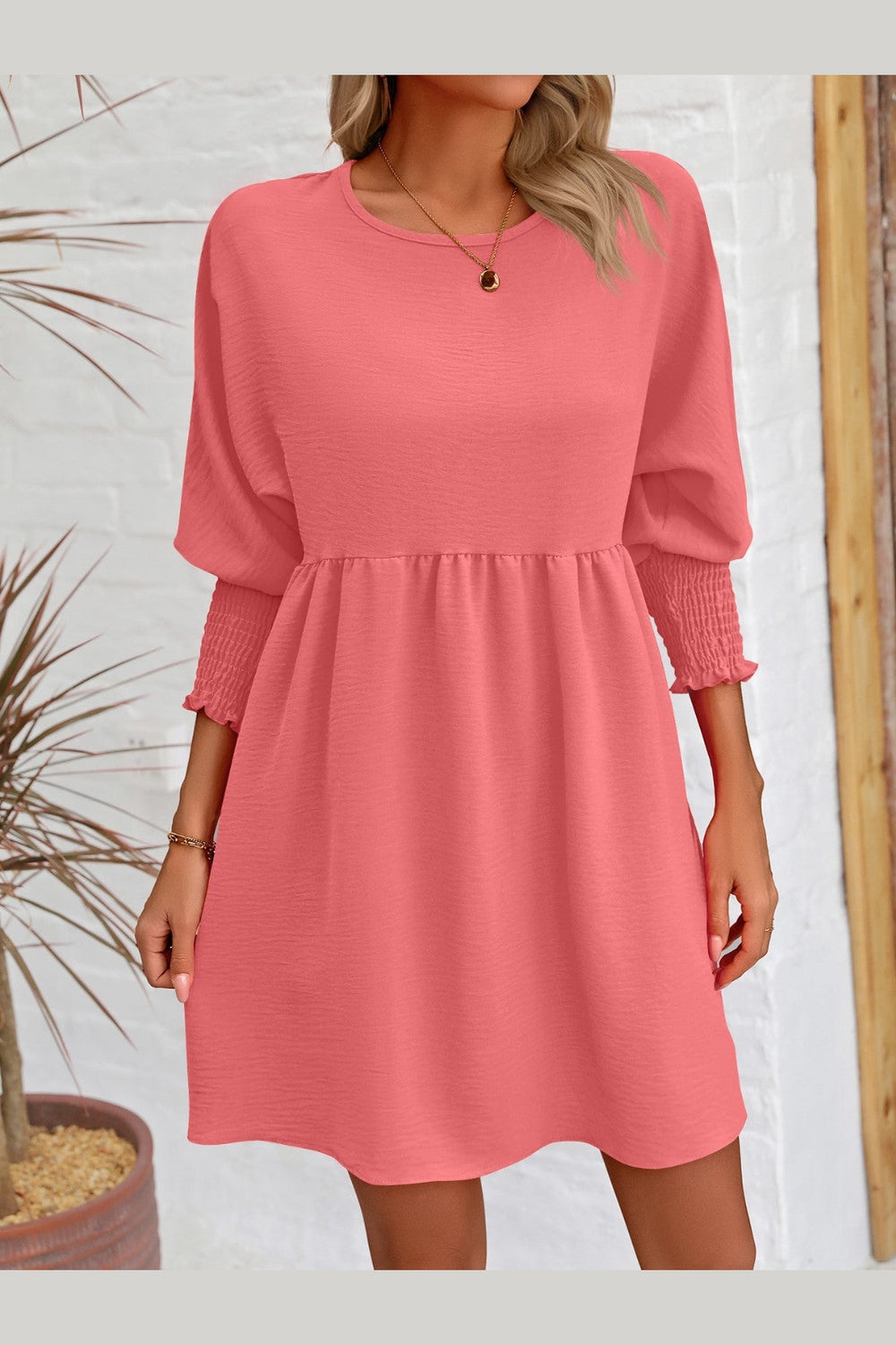 Round Neck Lantern Sleeve Mini Dress - Casual & Maxi Dresses - FITGGINS