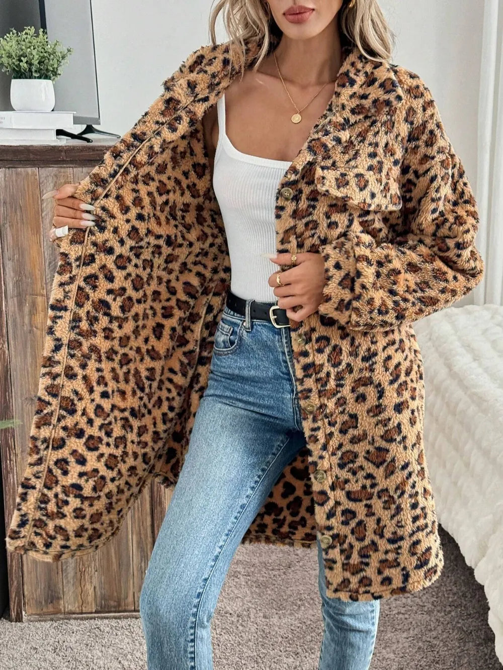 Leopard Button-Up Long Sleeve Fuzzy Coat Fitggins