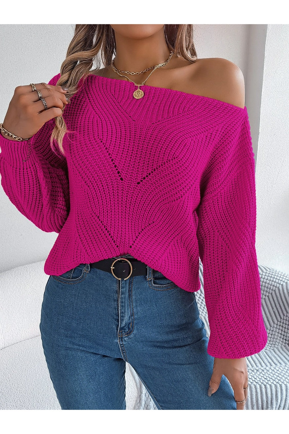 Openwork Long Sleeve Sweater - Pullover Sweaters - FITGGINS