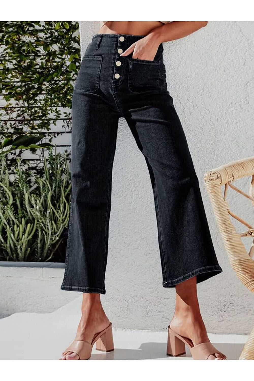 Button Fly Cropped Jeans with Pockets - Jeans - FITGGINS