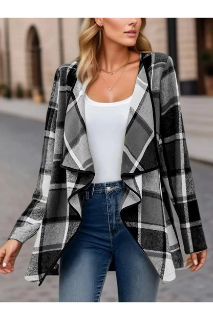 Plaid Open Front Long Sleeve Jacket - Jackets - FITGGINS