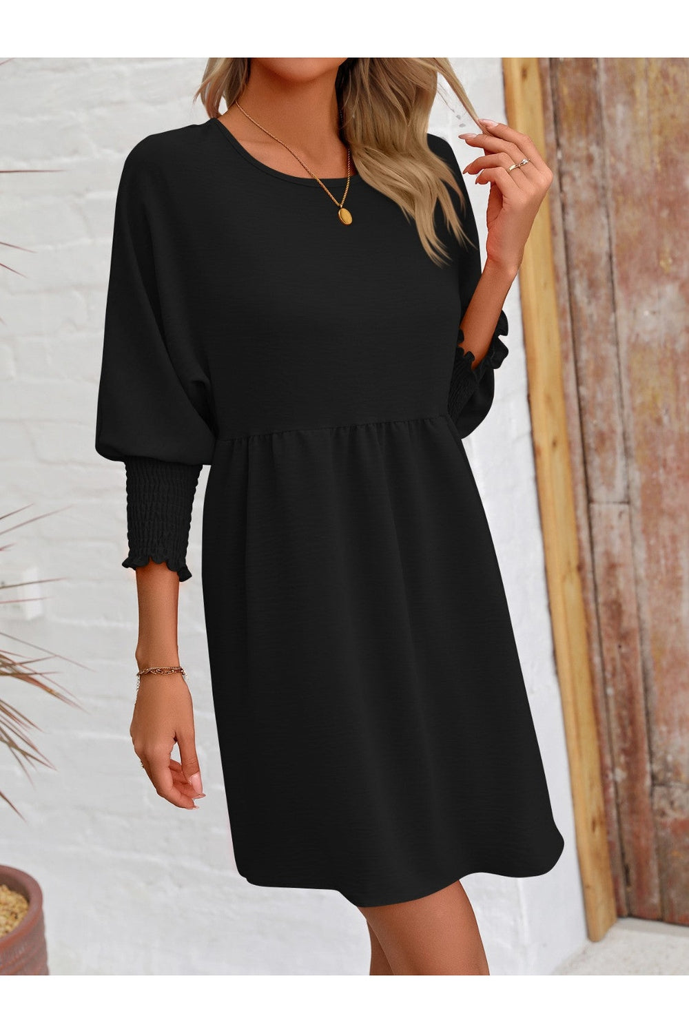 Round Neck Lantern Sleeve Mini Dress - Casual & Maxi Dresses - FITGGINS